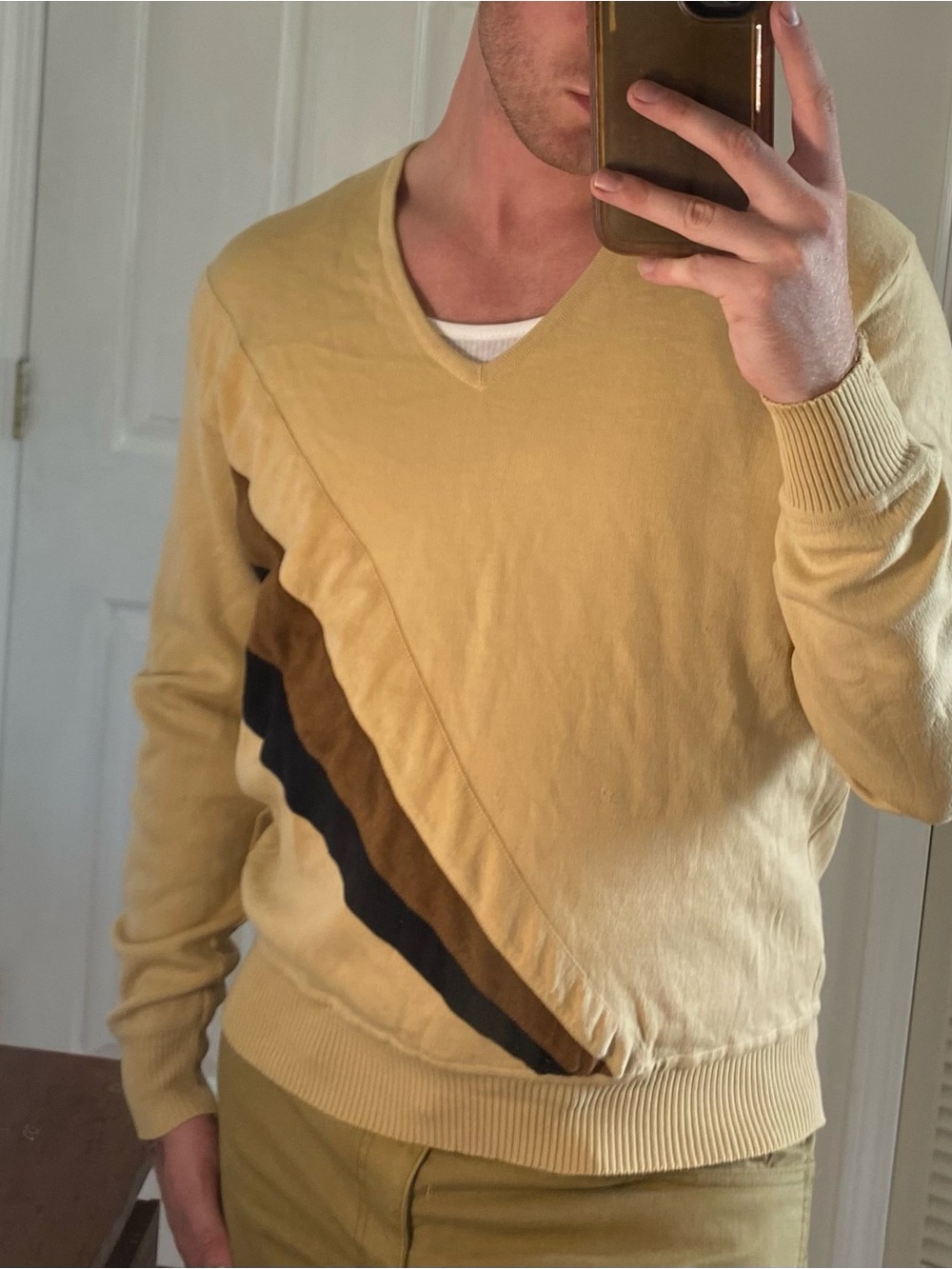 Men's V-Neck Striped Accent Sweater in Mustard